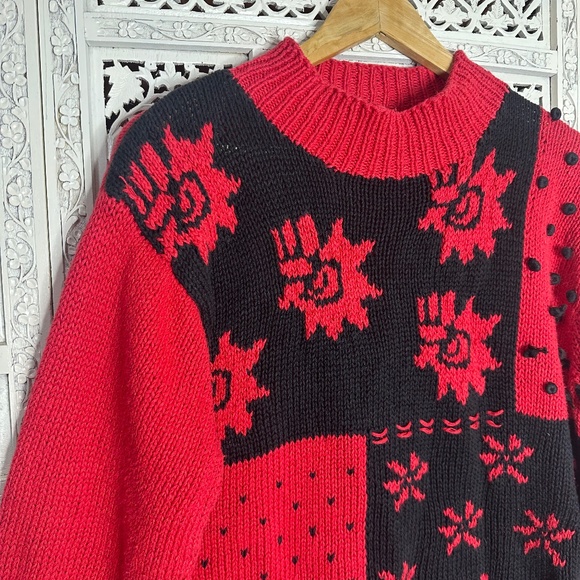 Vintage Black & Red Patchwork Chunky Mockneck Grannycore Grandpa Sweater Sz S - Picture 2 of 8